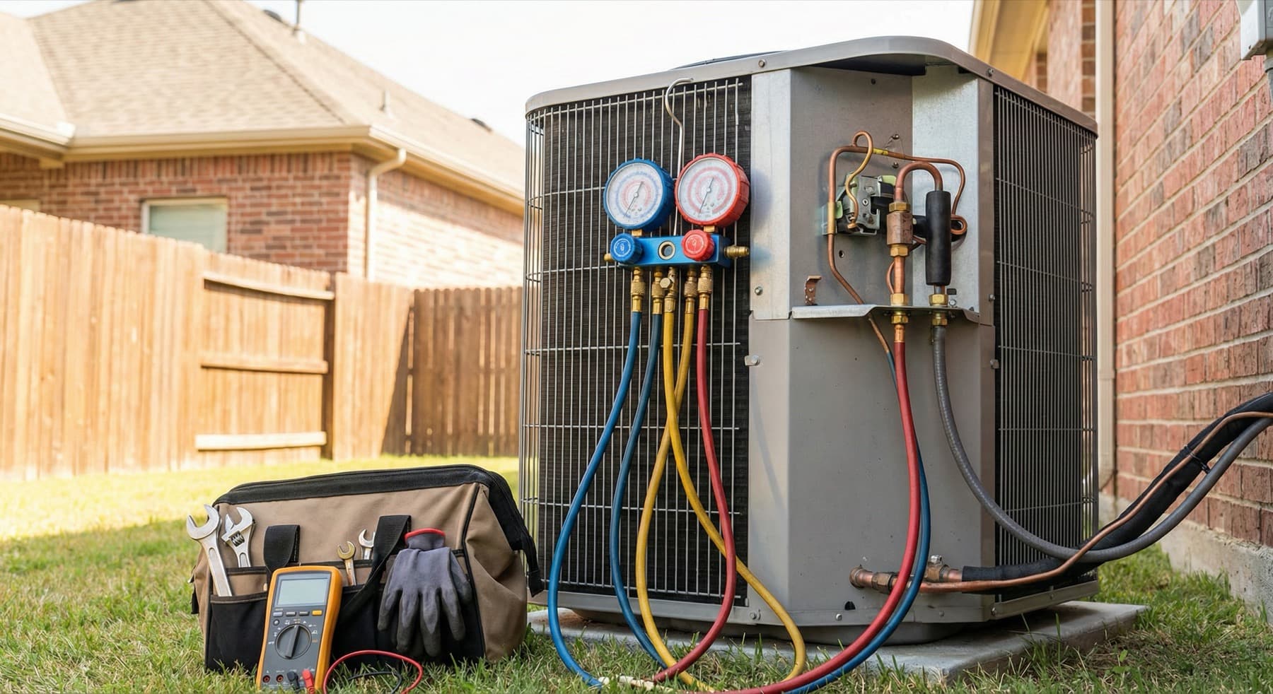 HVAC repair tools connected to an outdoor air conditioning unit.